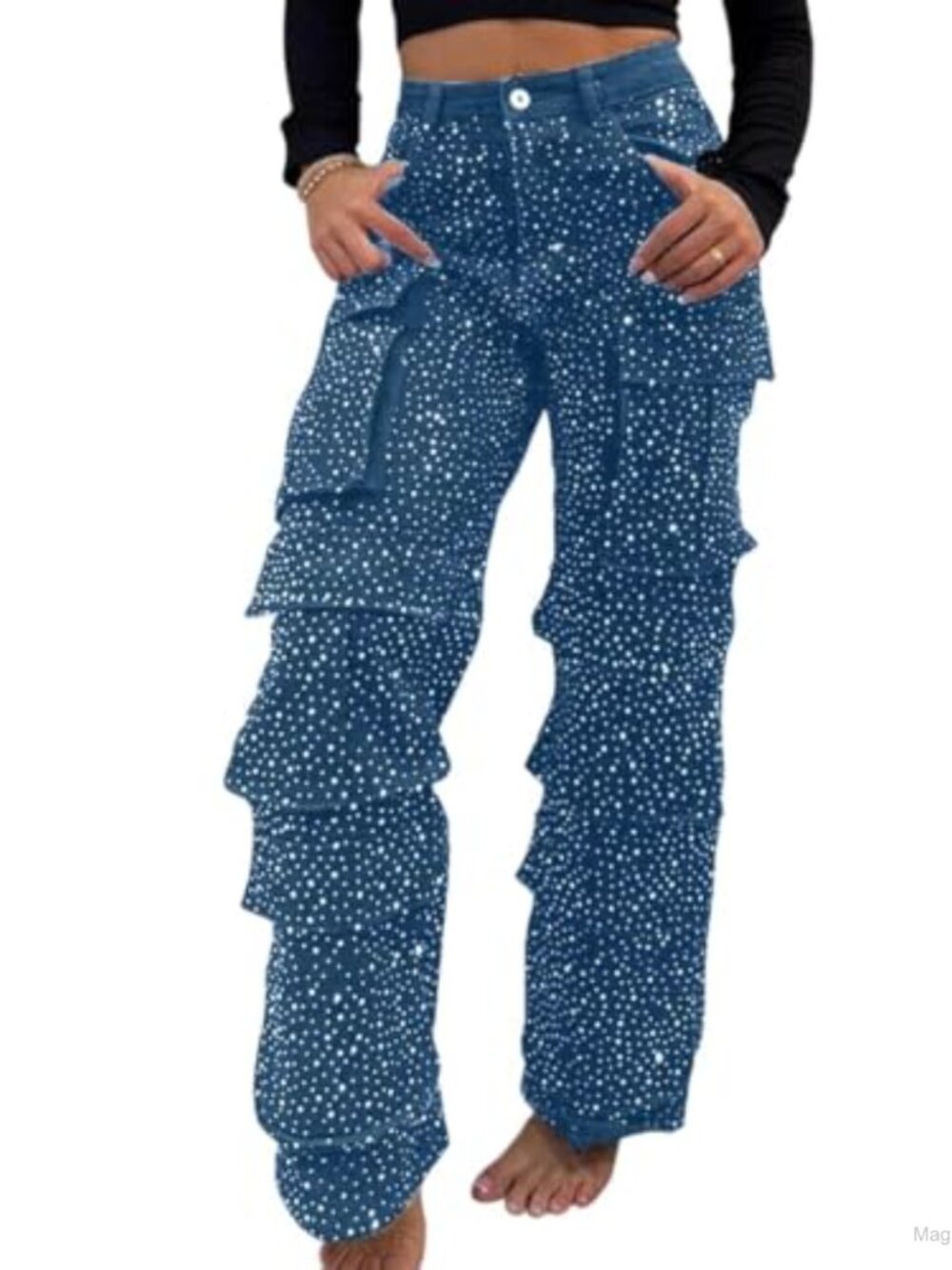 Rhinestone High Waisted Cargo Jeans Baggy Straight Leg Denim Pants